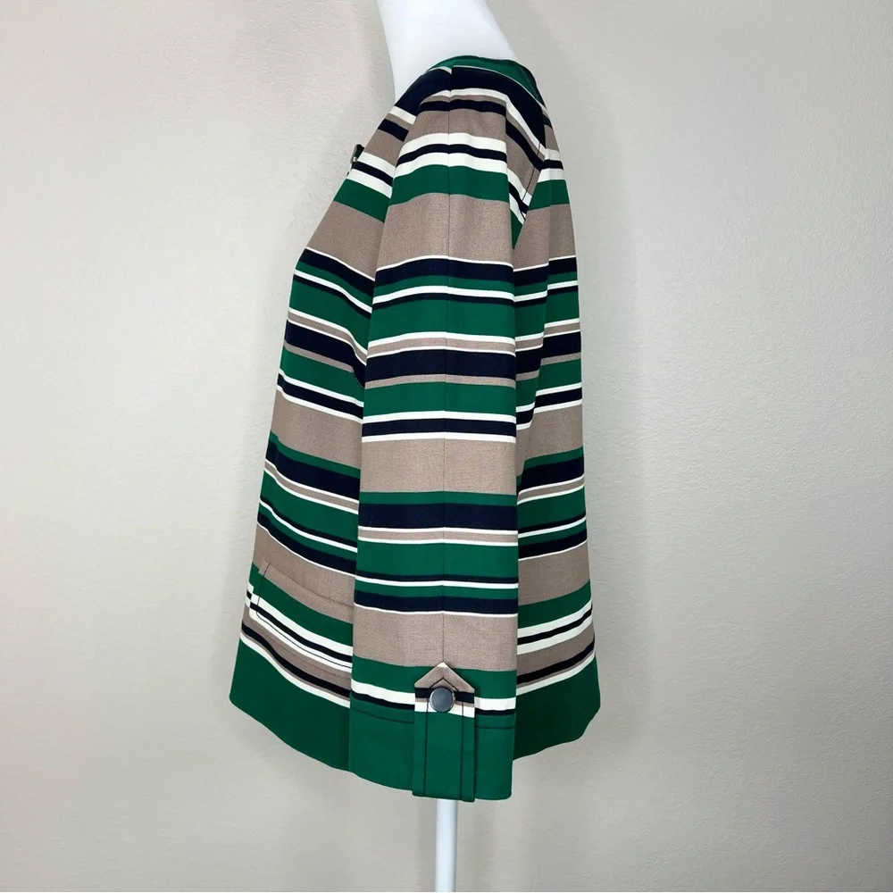 Talbots Navy Blue & Green Striped Cotton Collarless 3/4 Sleeve Blazer Jacket - Picture 6 of 11